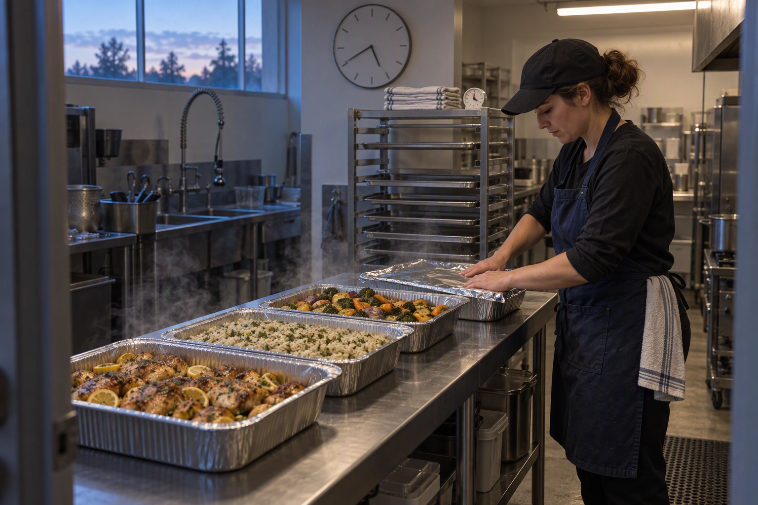 Prep cook sealing foil catering pans of chicken thighs and rice at dawn, the labor hours contribution margin pricing counts