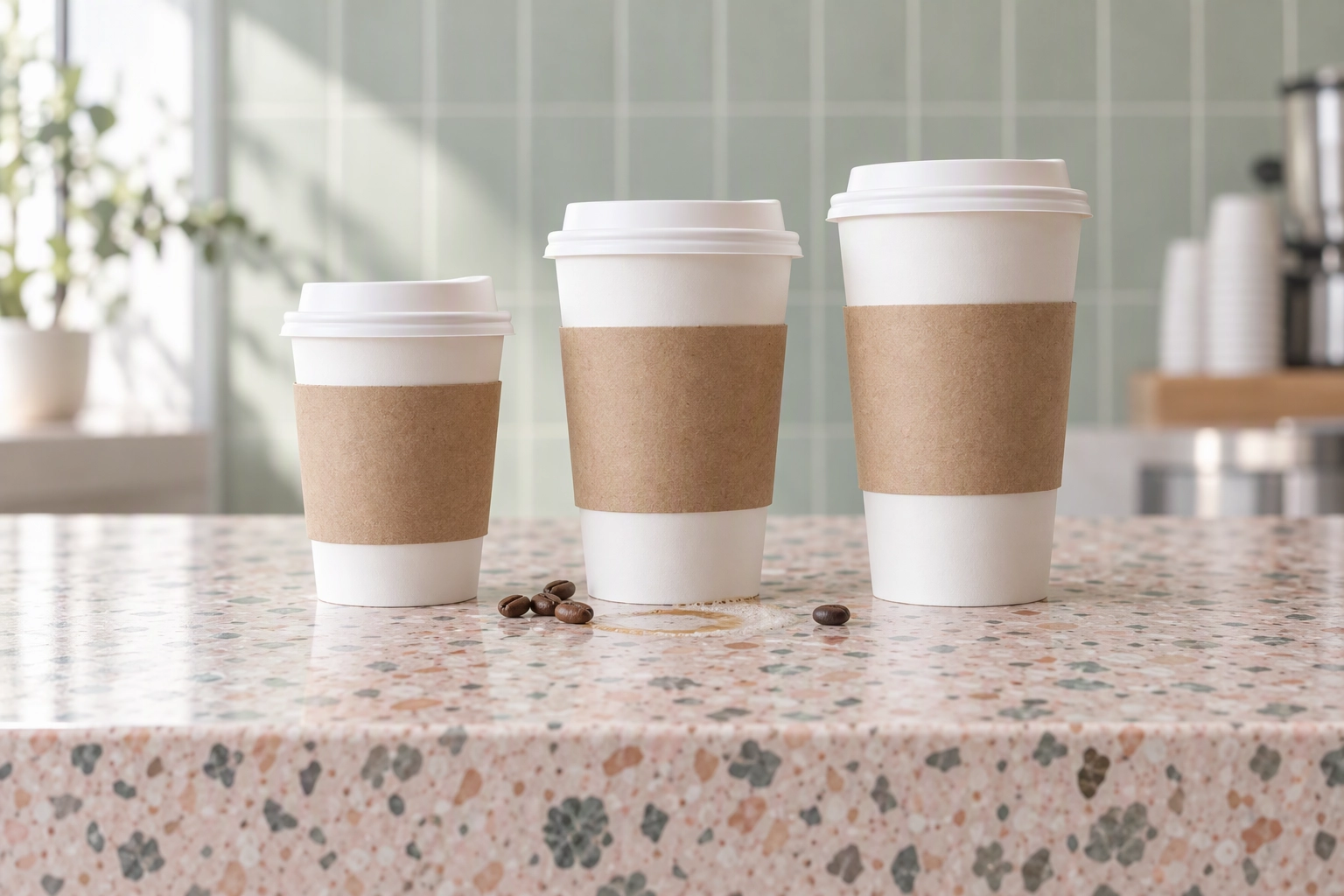 Three latte cup sizes, 12, 16 and 20 oz, in a row on a terrazzo cafe counter, the size ladder used in decoy pricing