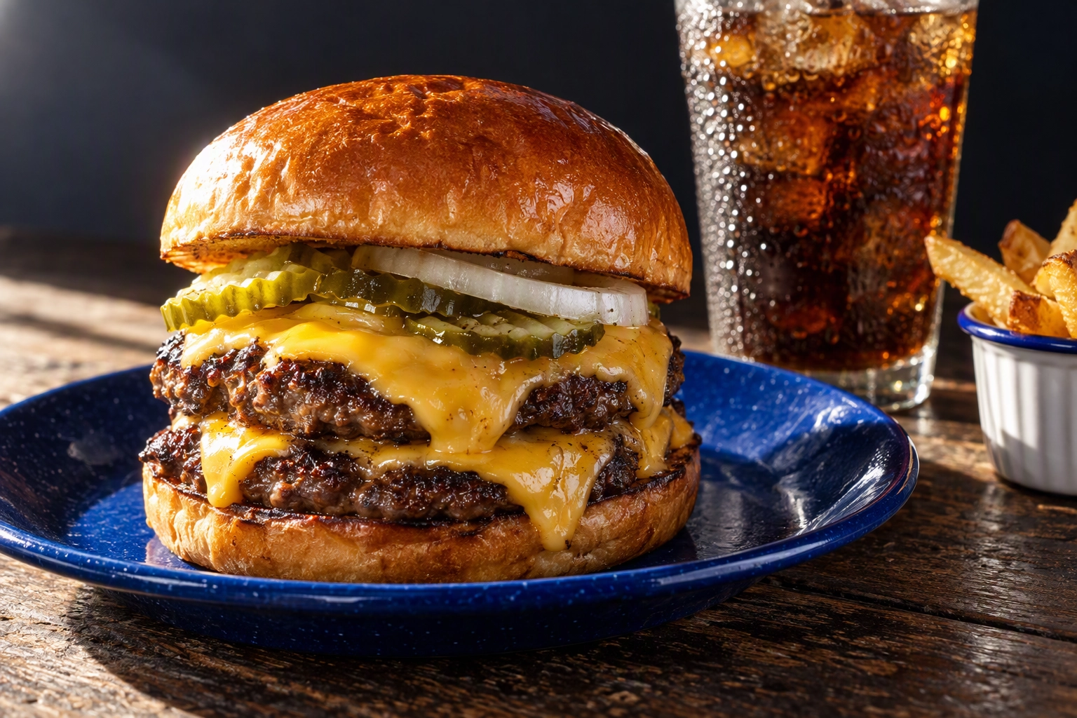 Double cheeseburger shot as a menu photo in hard side light, the high-margin star item to photograph first after menu pricing