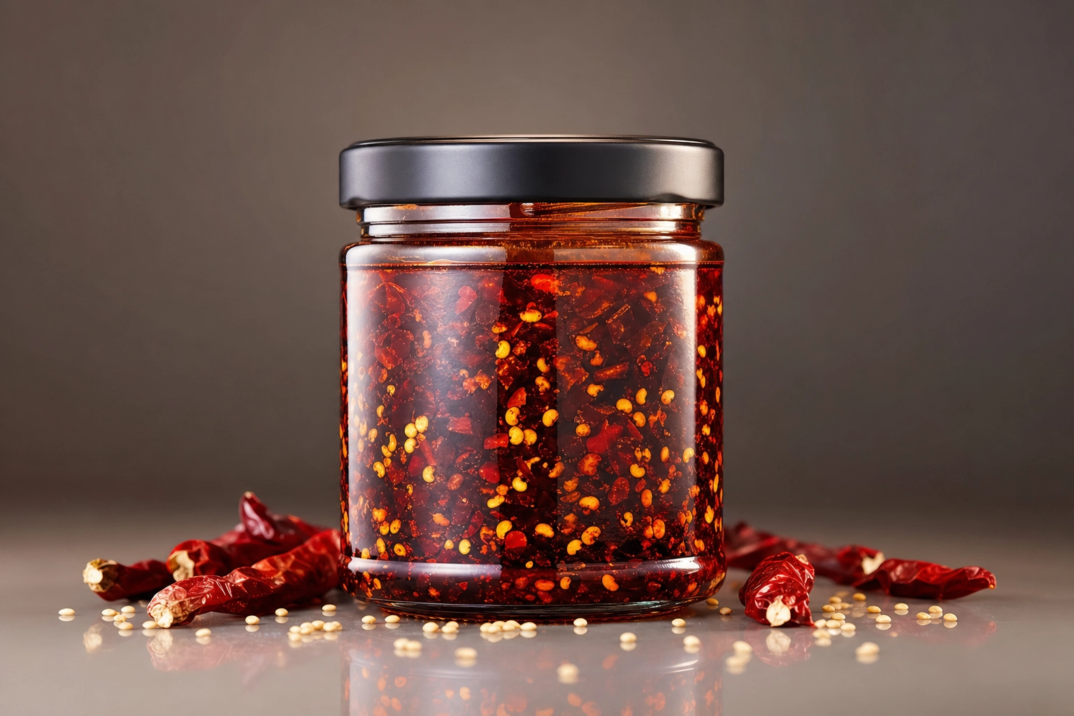 Studio product photograph of an unbranded chili crisp jar on a seamless gradient backdrop, illustrating CPG product photography