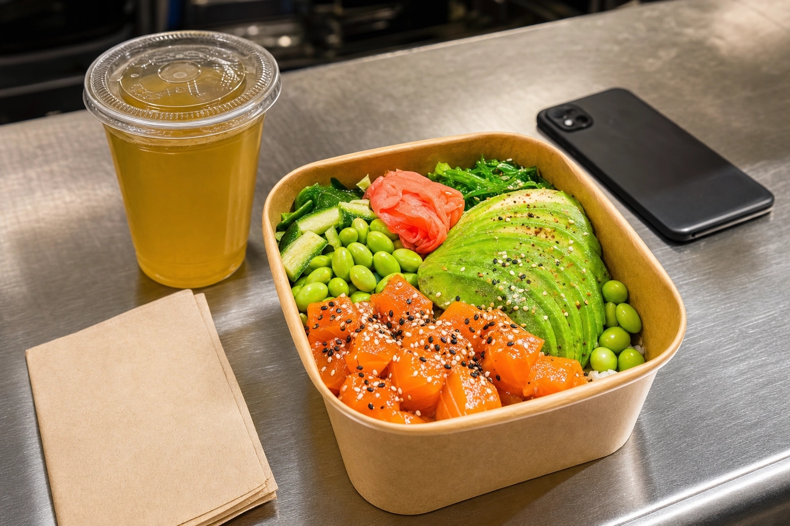 A vibrant salmon poke bowl in a kraft takeout container on a restaurant pass, styled to pop as an Uber Eats and DoorDash delivery thumbnail