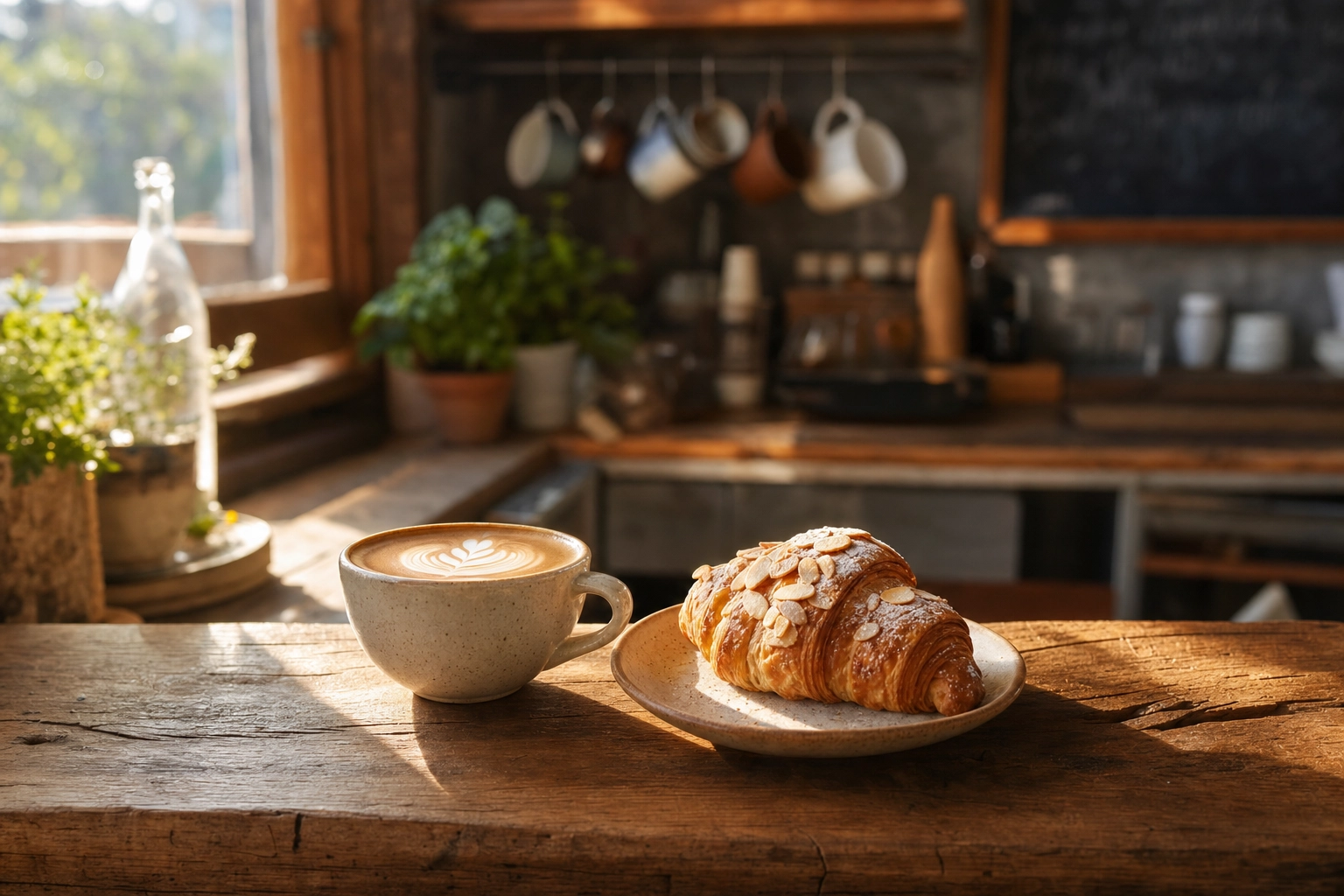 A styled flat white and almond croissant on a reclaimed-wood counter in a cozy independent cafe, showing affordable professional food photos