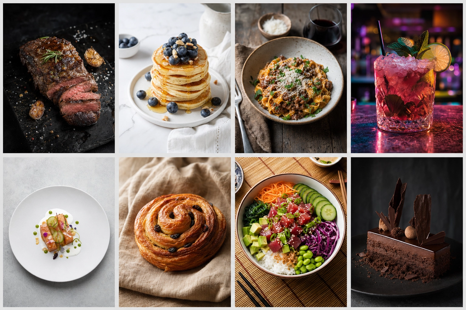 A grid of eight different dishes each styled in a distinct mood and surface, illustrating a library of 200-plus food photography styles
