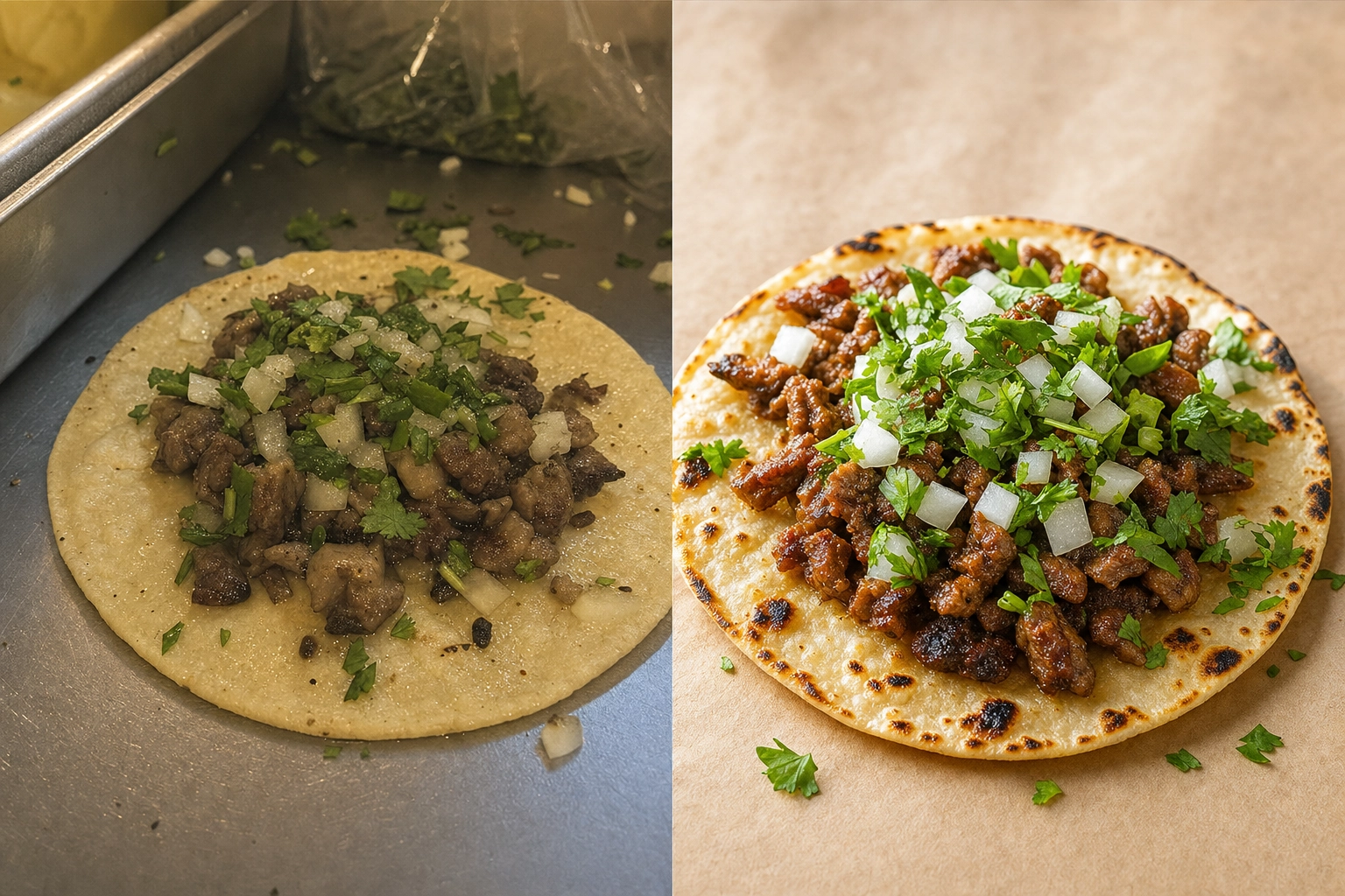 Before and after of a phone taco photo — dull yellow-lit version beside a bright menu-ready Mexican food image