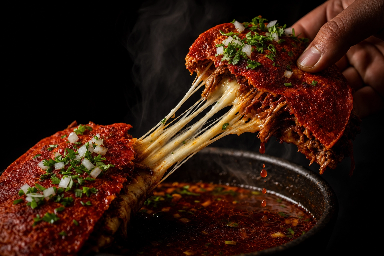 Quesabirria birria taco cheese pull over steaming red consommé — dramatic moody Mexican food photography shot