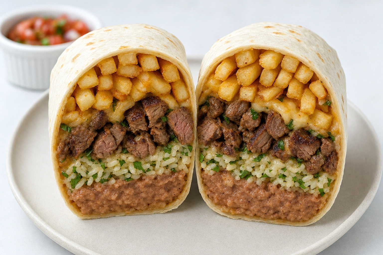 California burrito sliced to show layered cross-section of carne asada, cheese, rice, beans and fries