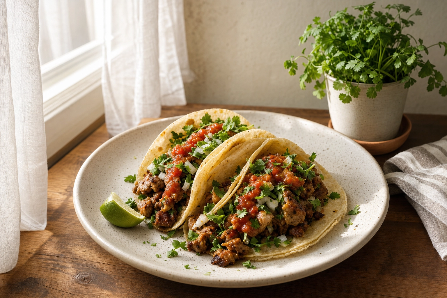 Street tacos lit by soft natural window light through a sheer curtain — Mexican food photography lighting