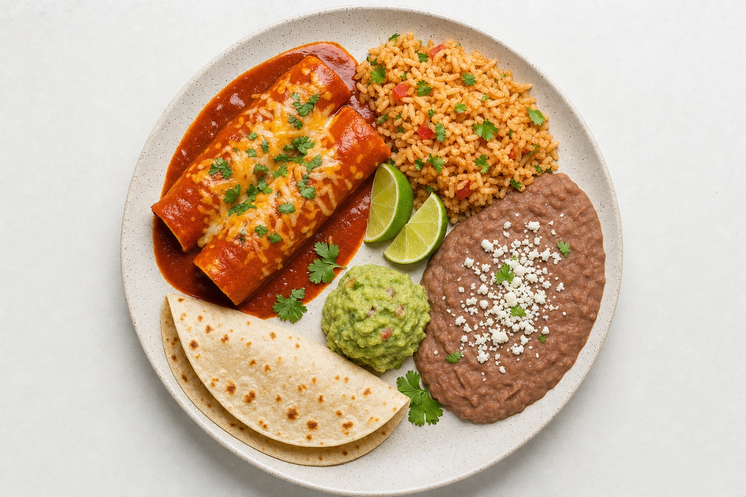 Overhead flat-lay of a Mexican combo plate — enchiladas, rice, beans and guacamole arranged for the camera