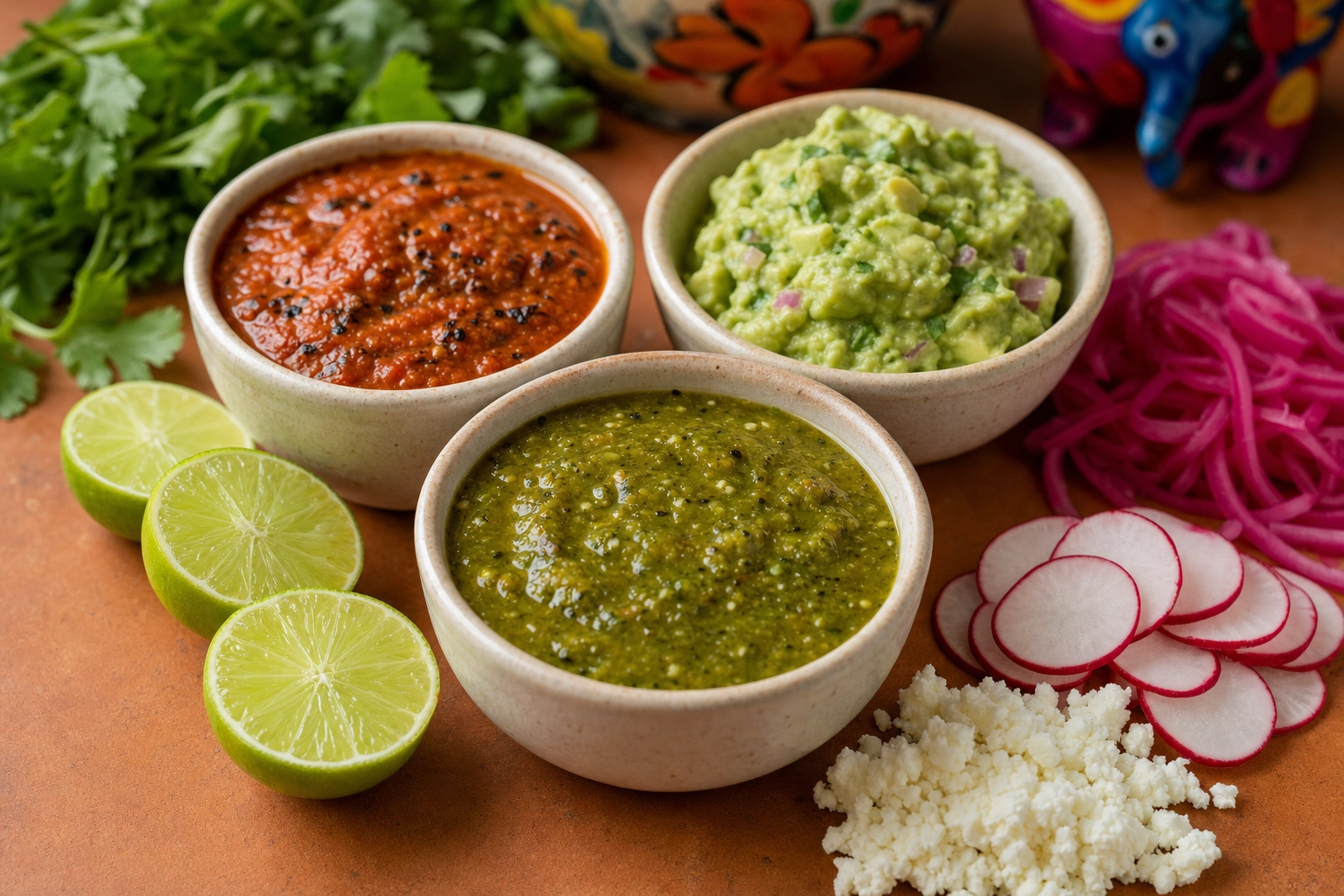 Salsa verde, salsa roja and guacamole with lime, radish and cilantro on terracotta — Mexican color styling