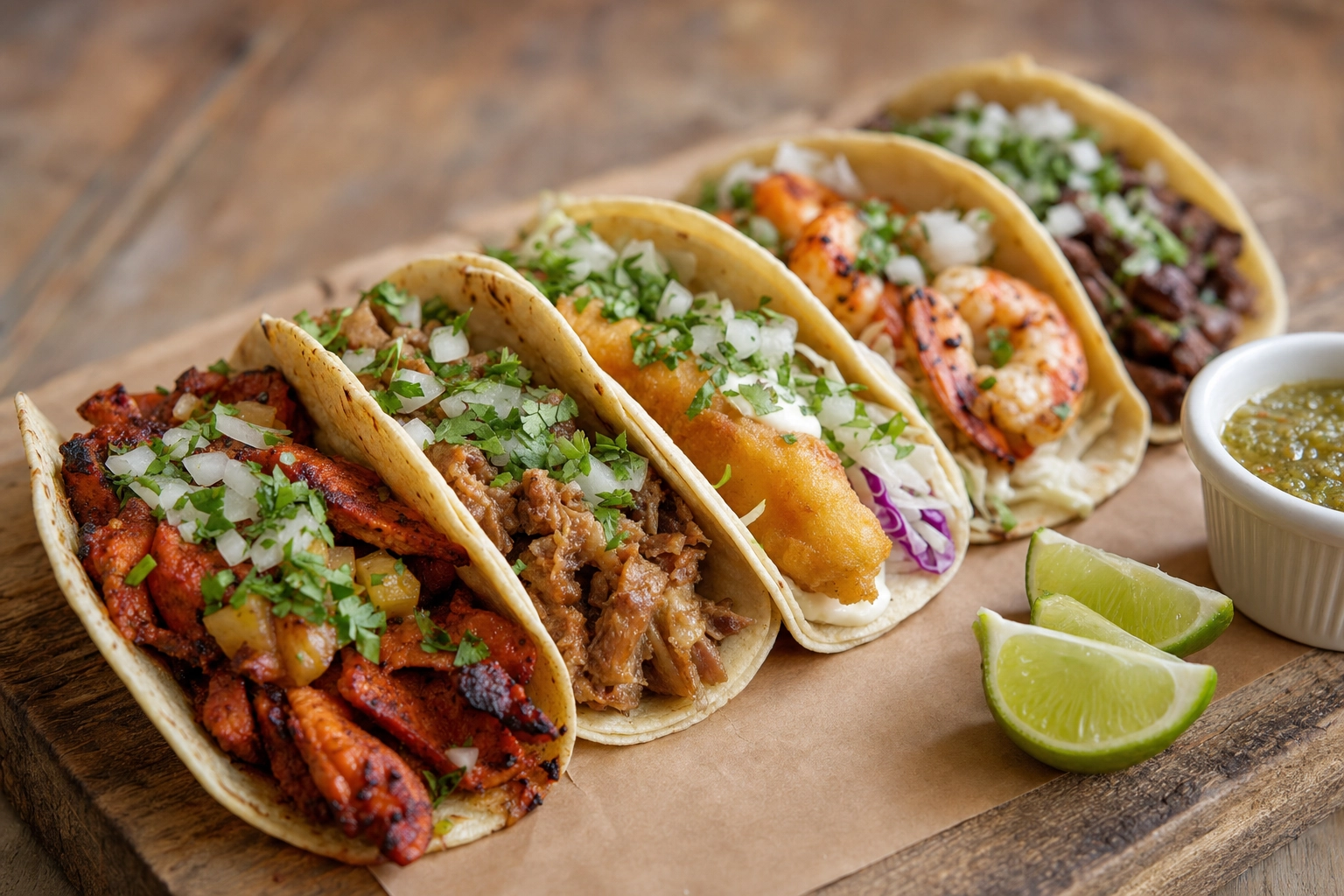 Lineup of five varied street tacos on butcher paper at a low angle — taco photography menu shot