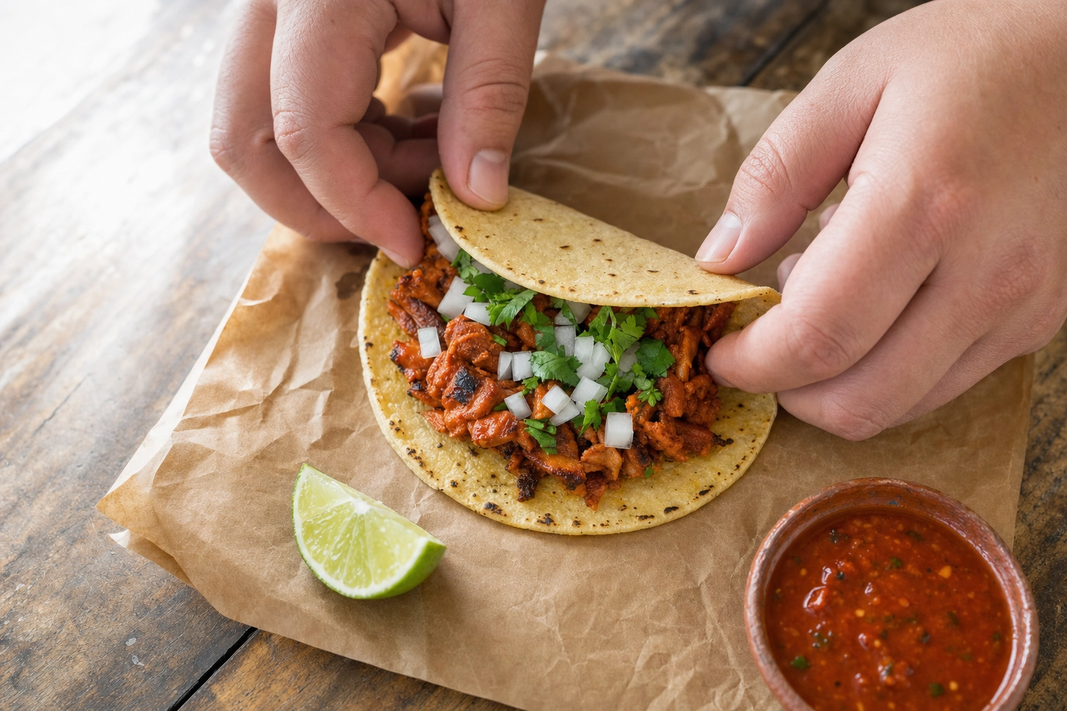 Hands folding a corn tortilla to frame al pastor, onion and cilantro on butcher paper — Mexican food styling tip