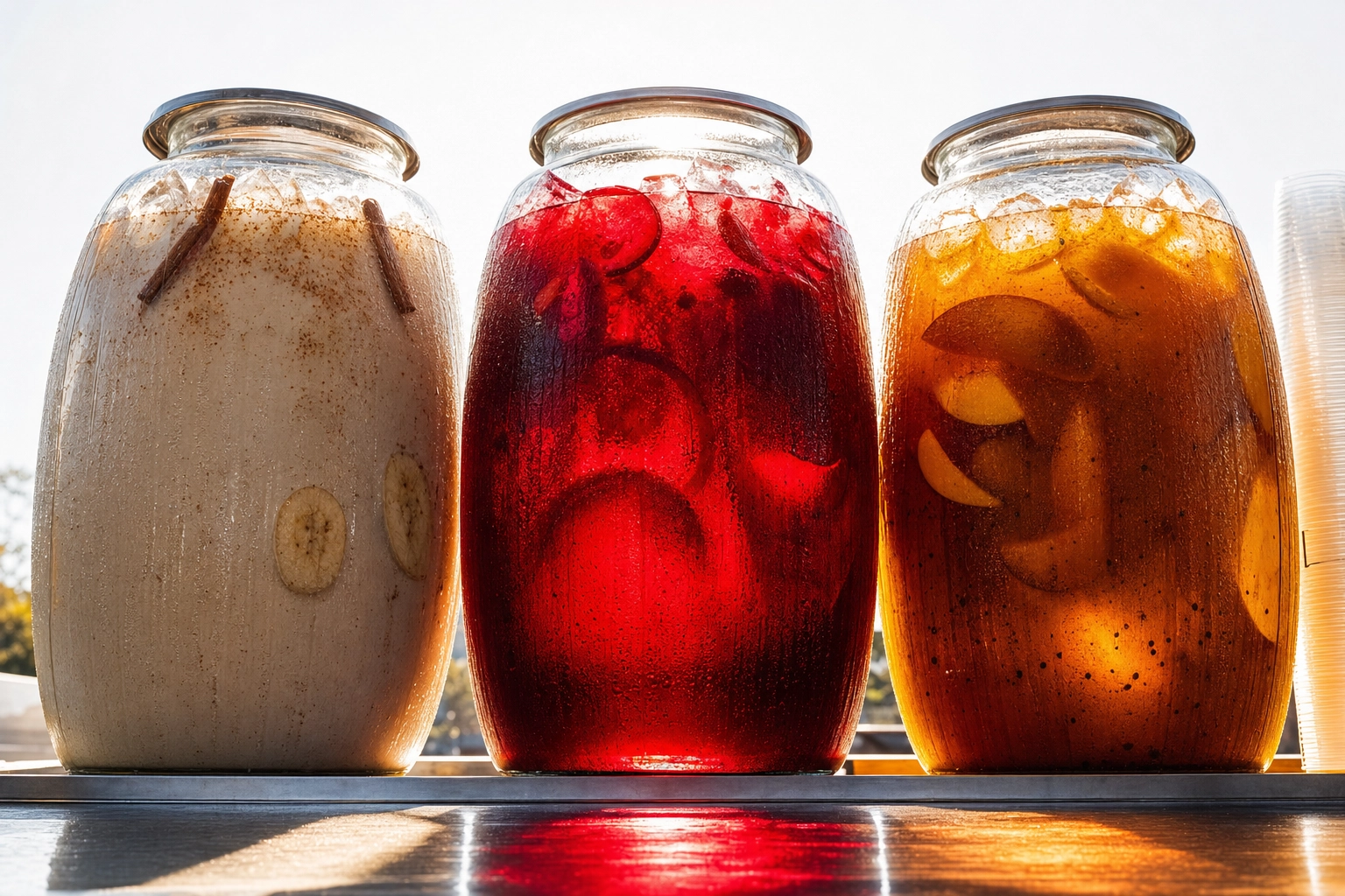 Three glass vitroleros of aguas frescas backlit against bright sky, milky horchata, deep red jamaica and amber tamarindo on a truck counter