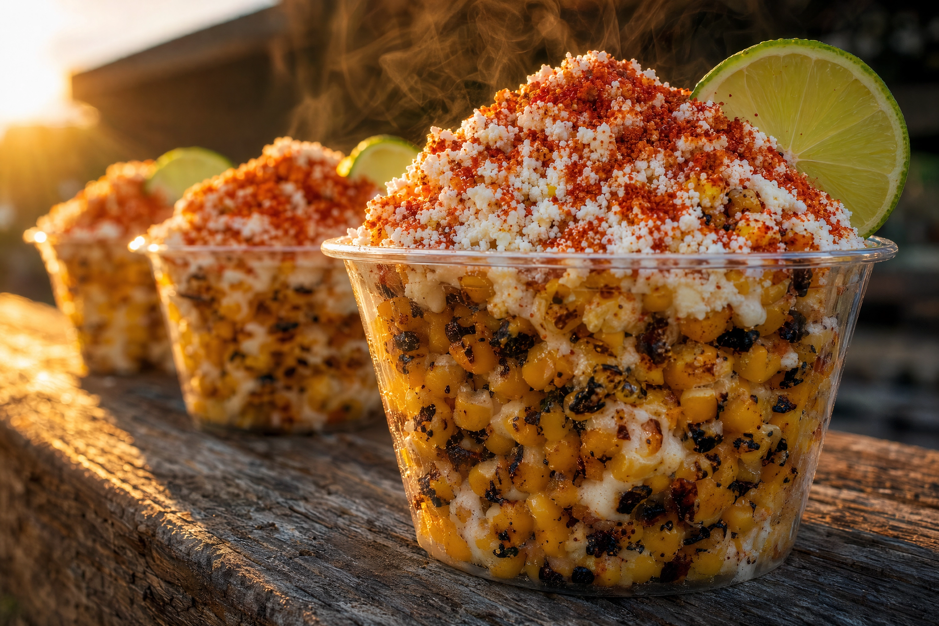 Close-up of esquites cups, Mexican street corn kernels topped with crema, cotija cheese and chile-lime powder on a weathered wooden ledge