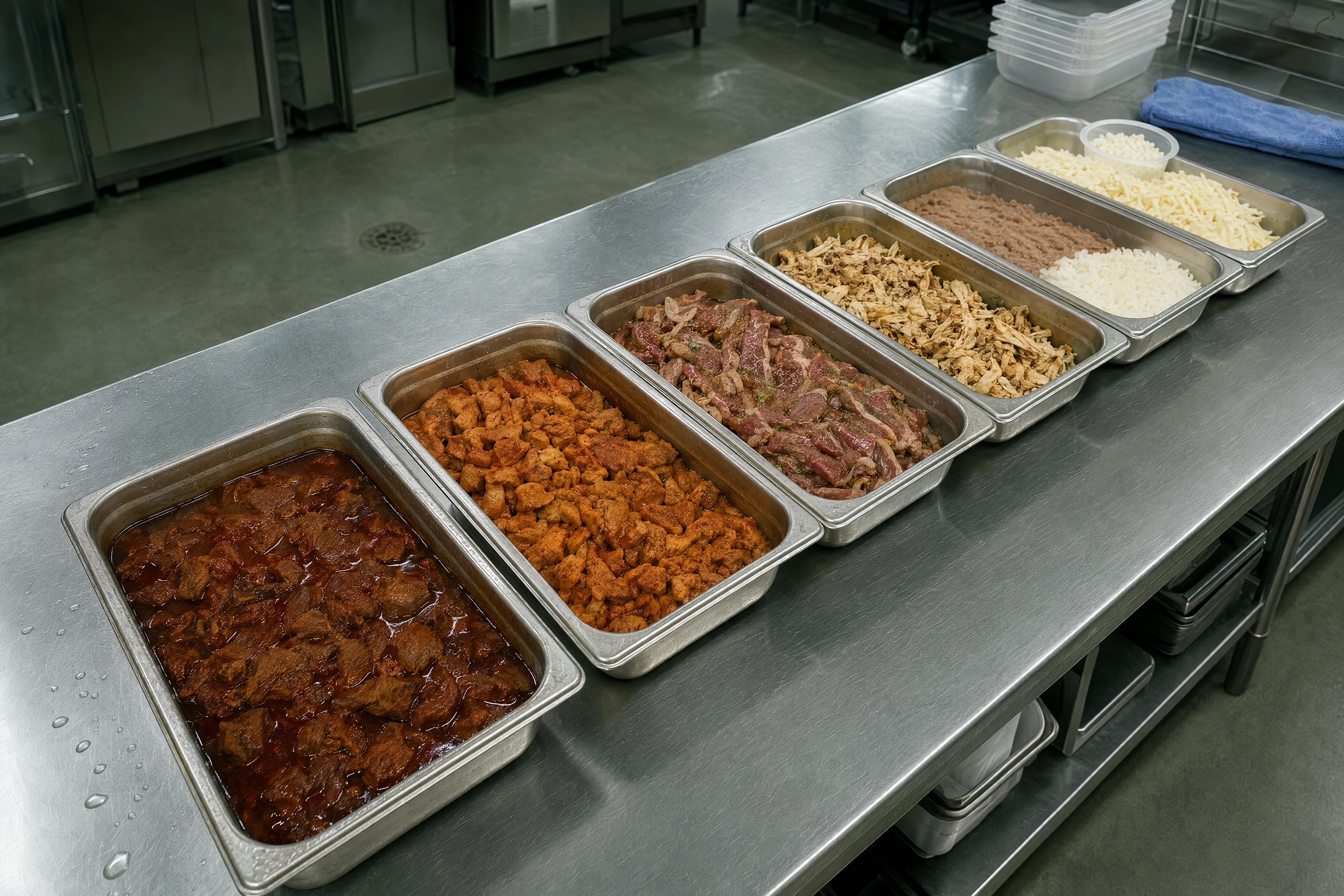 Six prepped Mexican food truck menu components in stainless pans on a commissary bench: braised beef, adobo pork, steak, chicken, beans and cheese