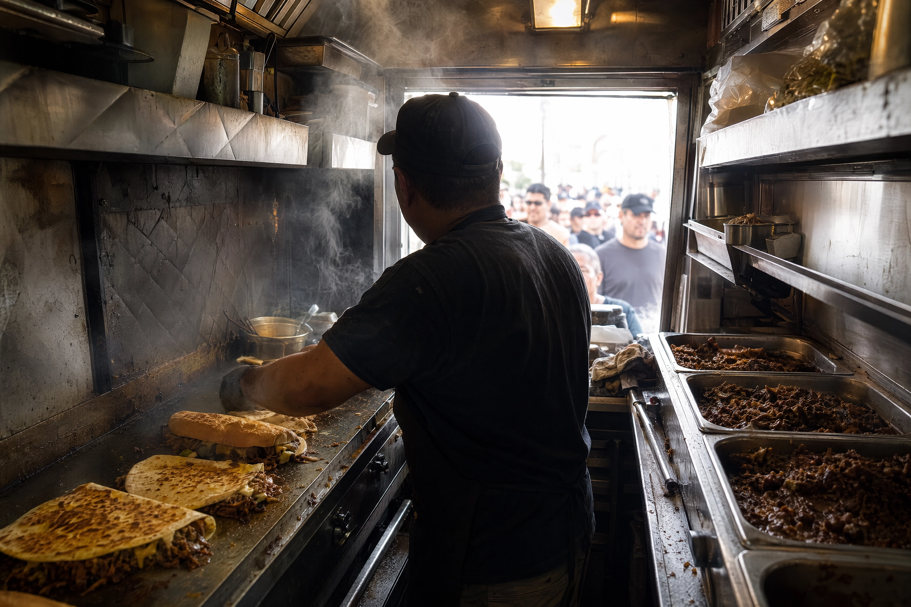 Interior of a Mexican food truck galley during a rush, crowded flat-top griddle beside hot-held braise pans and a queue visible through the hatch
