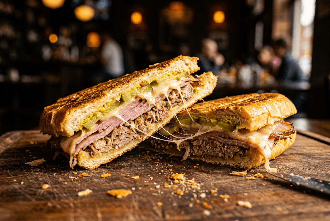 마이애미 요리의 특징인 골든 크러스트와 층층이 쌓인 속재료를 보여주는 완벽하게 프레스된 쿠바 샌드위치 클로즈업