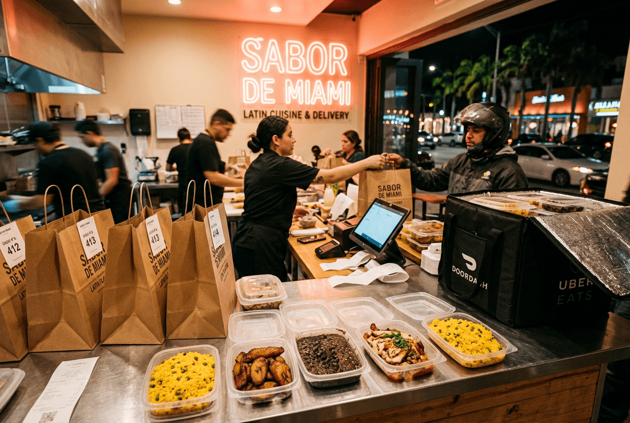 Uber Eats 및 DoorDash 주문 준비가 완료된 라틴 음식 테이크아웃 용기가 있는 마이애미 레스토랑 배달 카운터