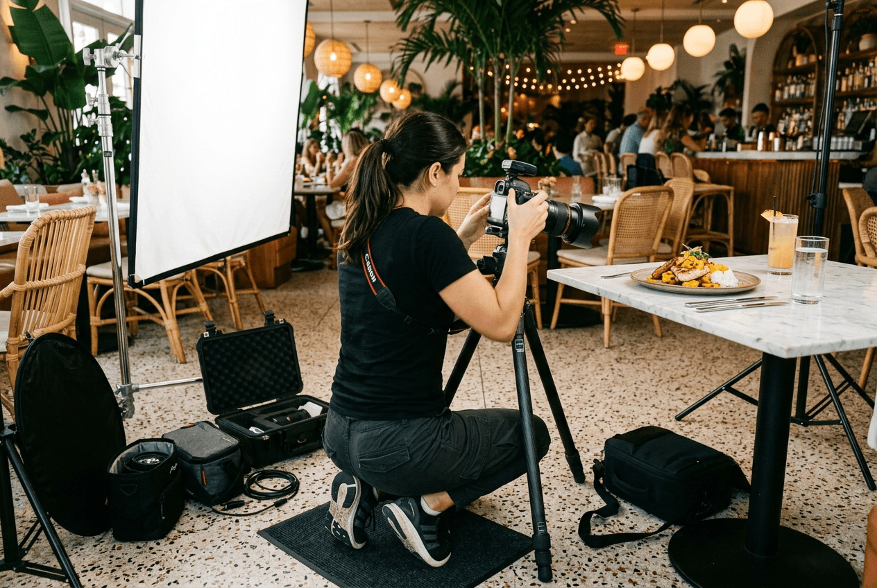 마이애미 레스토랑 내부에서 플레이팅된 요리를 촬영하기 위해 장비를 설치하는 전문 음식 사진작가