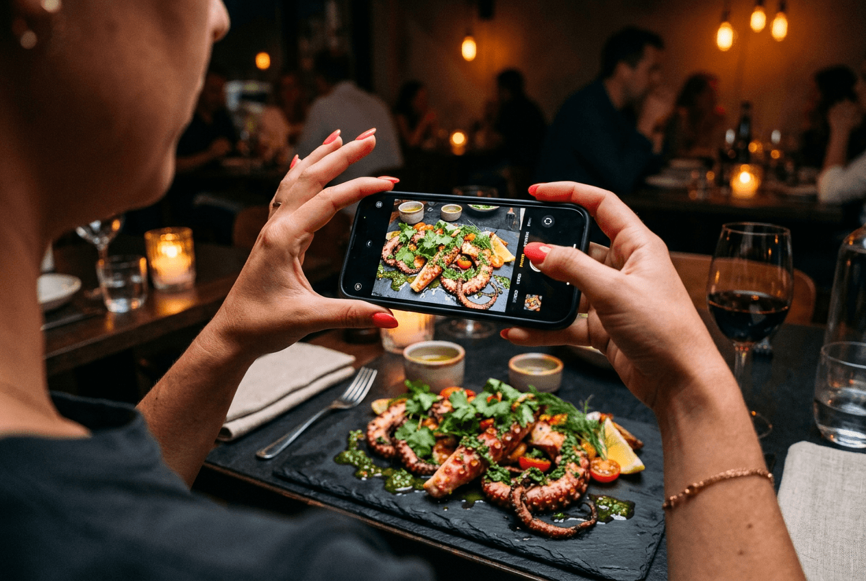 마이애미 레스토랑에서 다채로운 해산물 플래터를 스마트폰으로 촬영하는 모습
