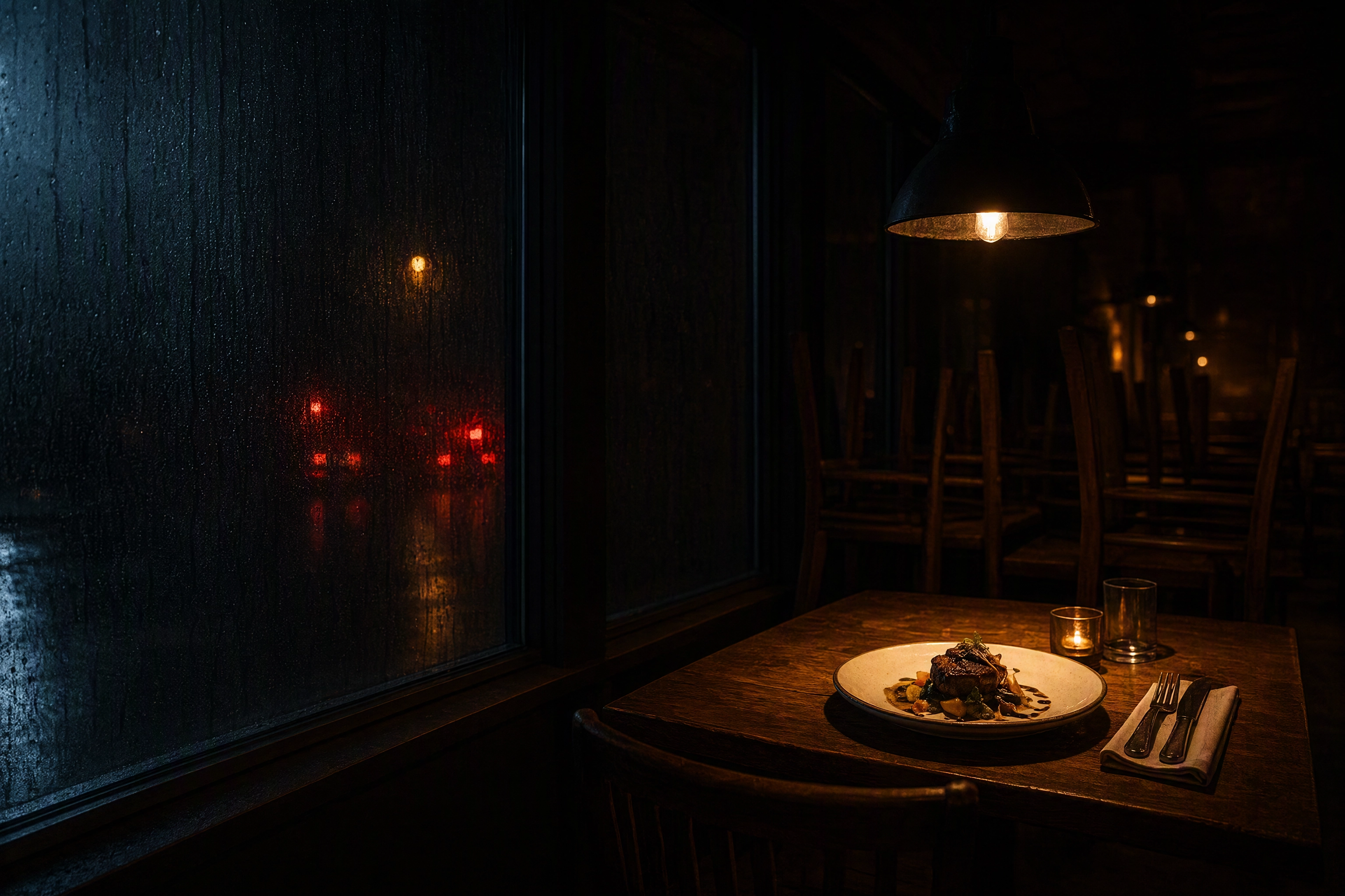 Restaurant window already black at 4:30pm in November with a plated special lit only by a warm interior lamp