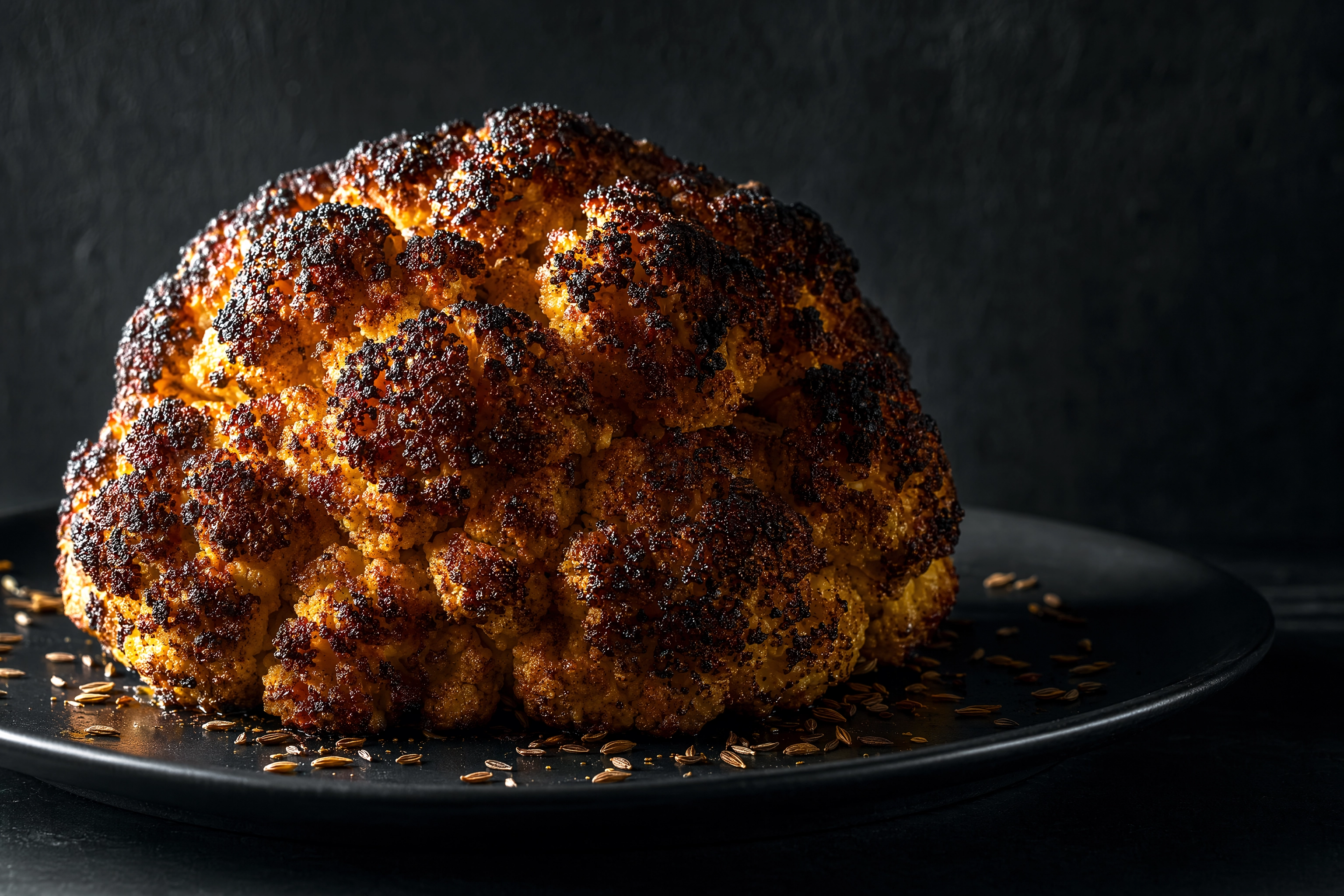Raking 90-degree window light across a charred whole roasted cauliflower, every floret casting a long shadow