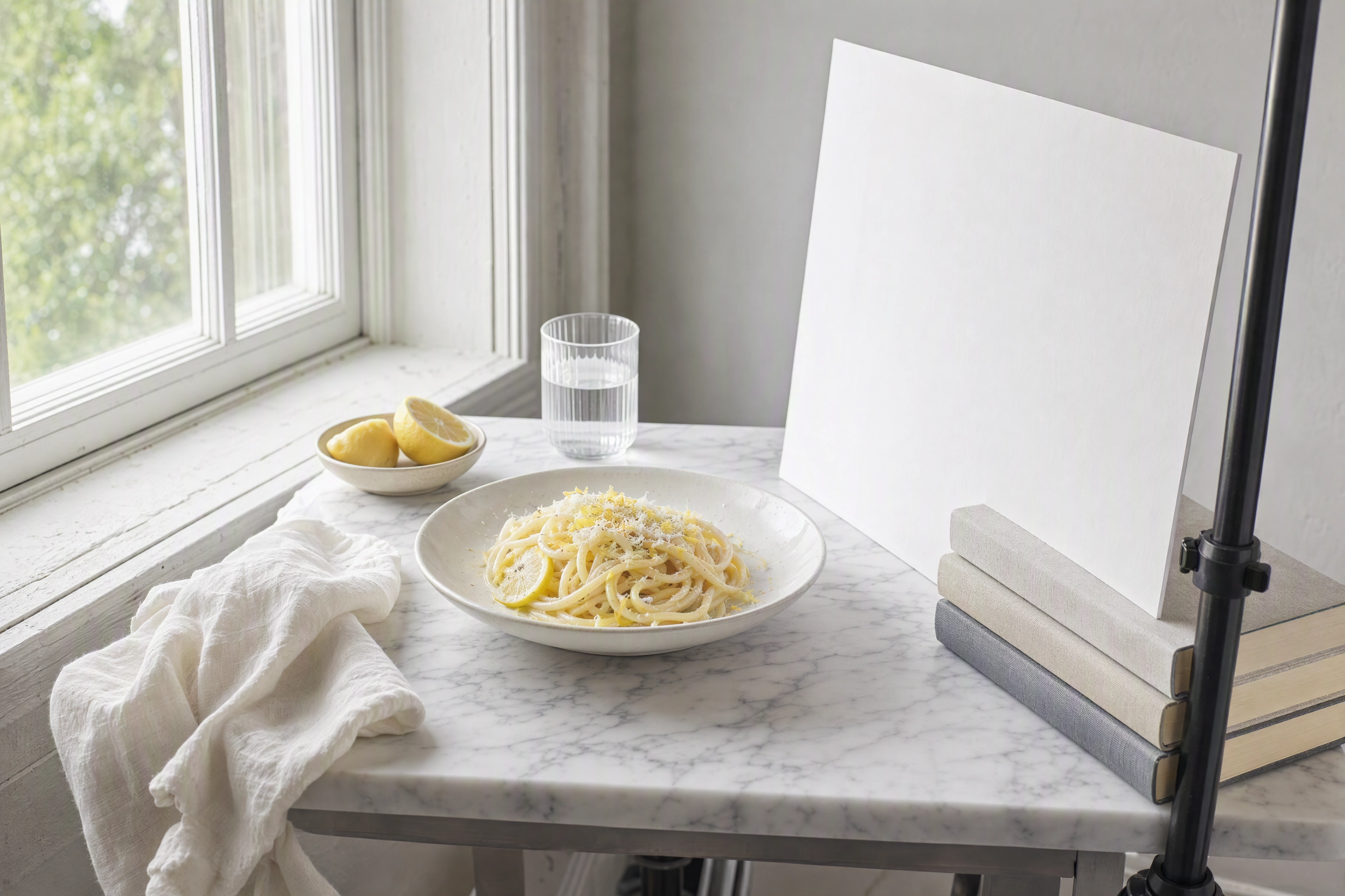 White foam bounce card propped opposite a window, lifting the shadow side of a plate of lemon pasta