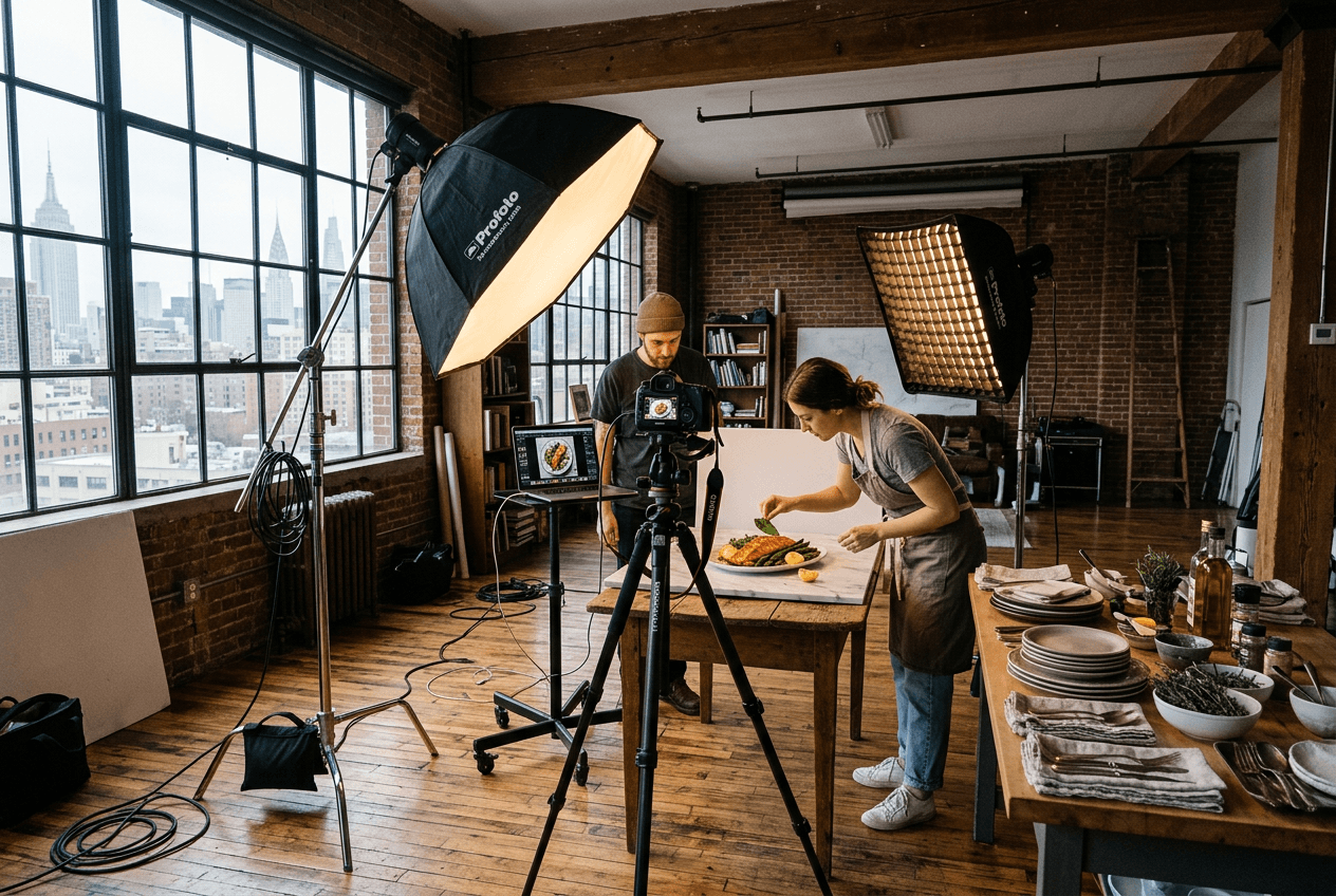 뉴욕 로프트에서 카메라 장비와 스타일링된 요리가 세팅된 전문 음식 사진 스튜디오