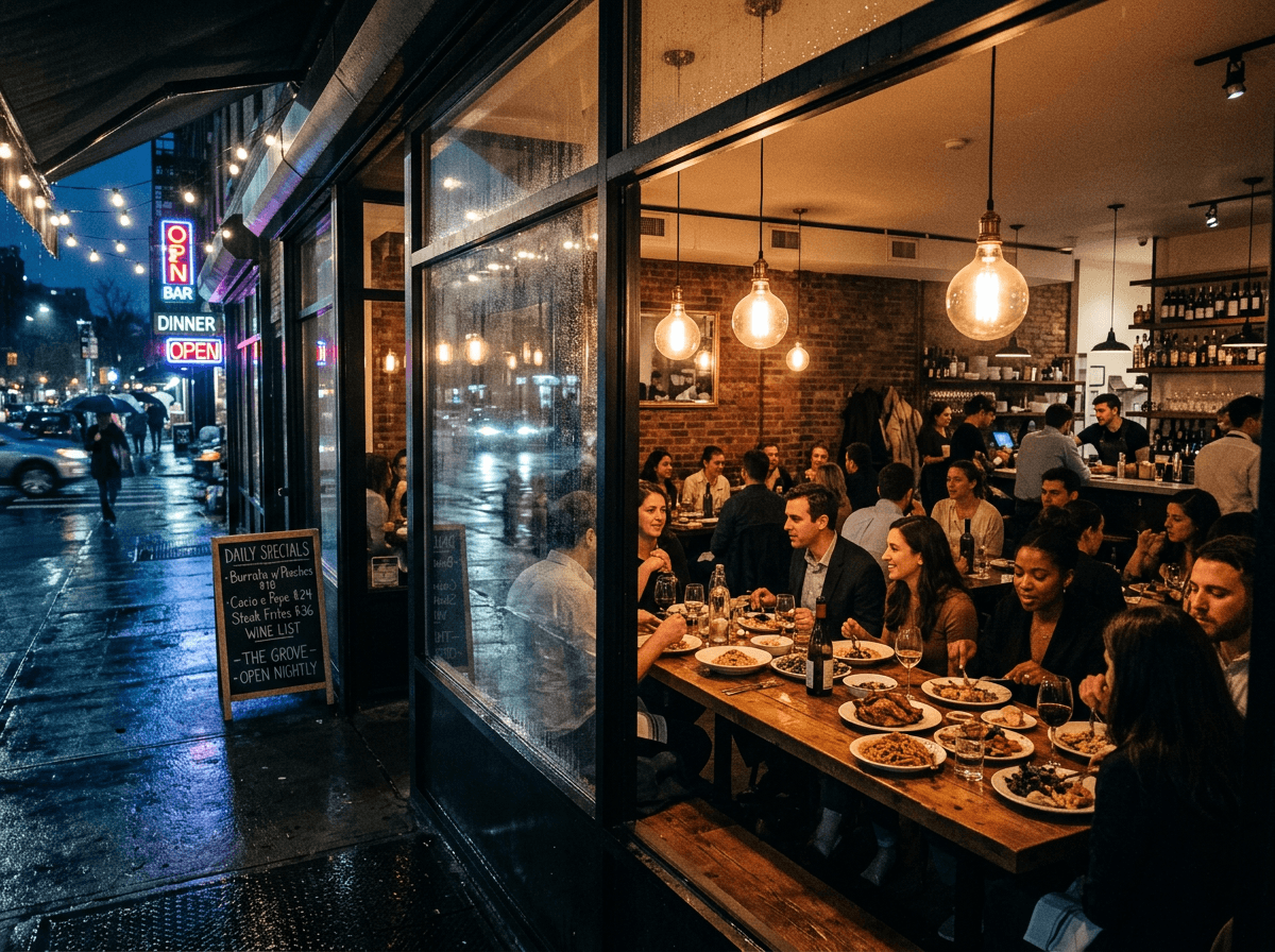 뉴욕의 치열한 외식 경쟁을 보여주는 트렌디한 레스토랑 창문 너머 풍경