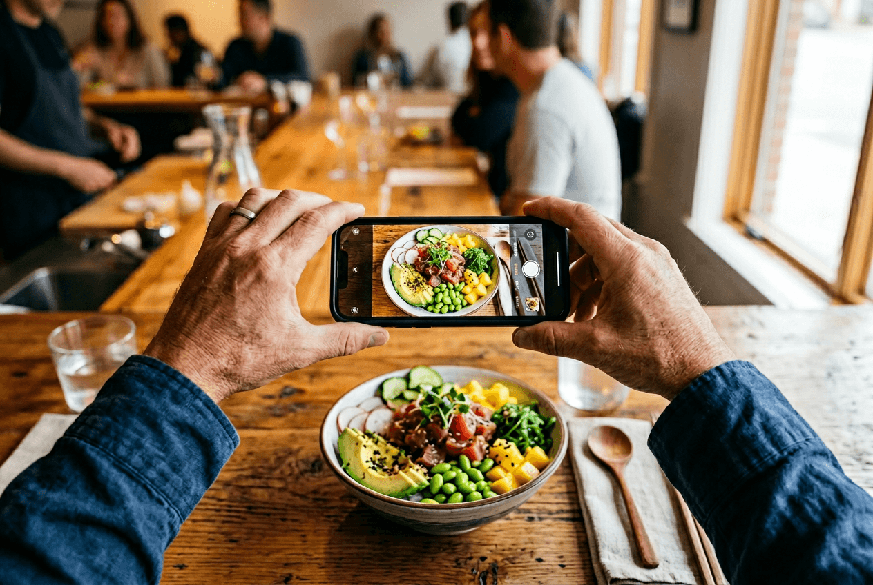 레스토랑 오너가 스마트폰으로 알록달록한 포케 보울을 촬영하여 AI 음식 사진으로 변환하는 모습