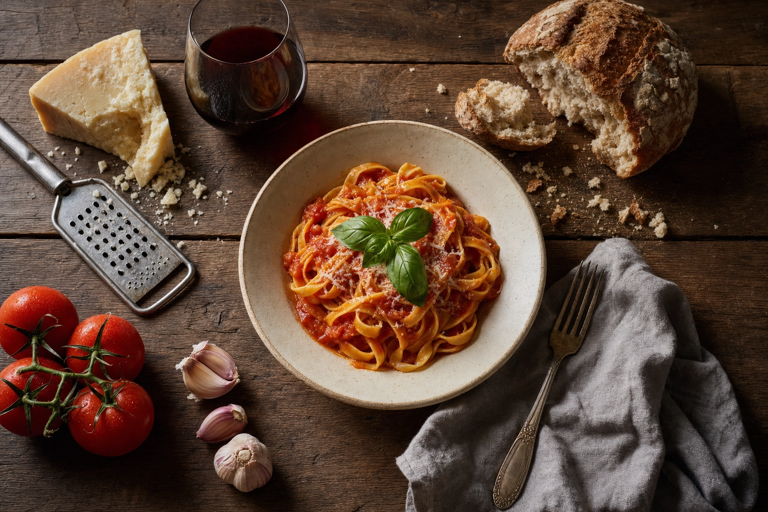 Overhead rustic Italian table styling with tagliatelle, parmesan and grater, red wine, bread, garlic and tomatoes