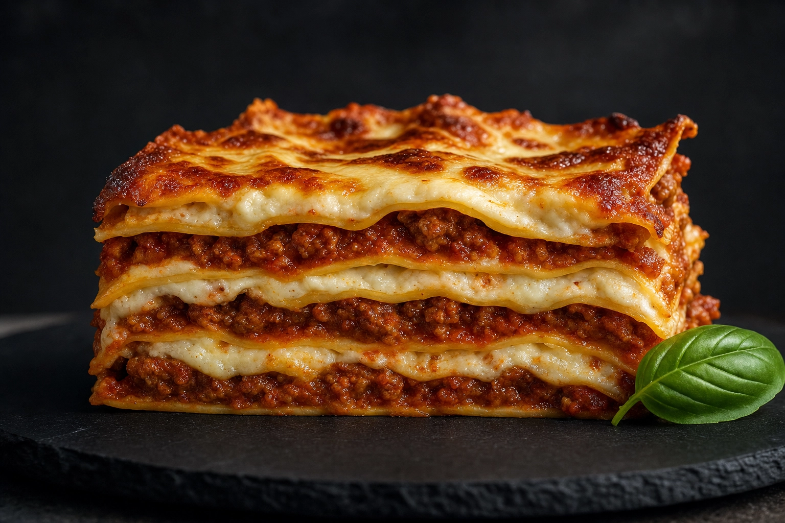 Straight-on lasagna cross-section on a dark slate plate showing distinct layers of pasta, ragù, béchamel and cheese