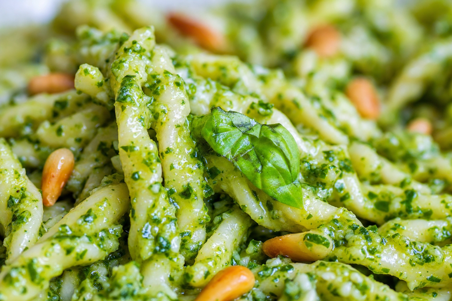 Extreme macro of trofie pasta coated in vibrant green basil pesto with pine nuts, sauce texture close-up