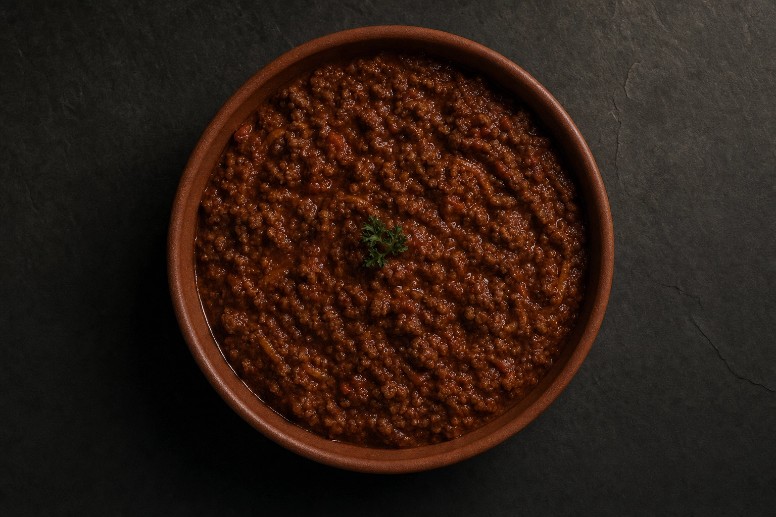 Overhead bowl of spaghetti buried under heavy brown bolognese showing the sauce coverage and color monotony challenge