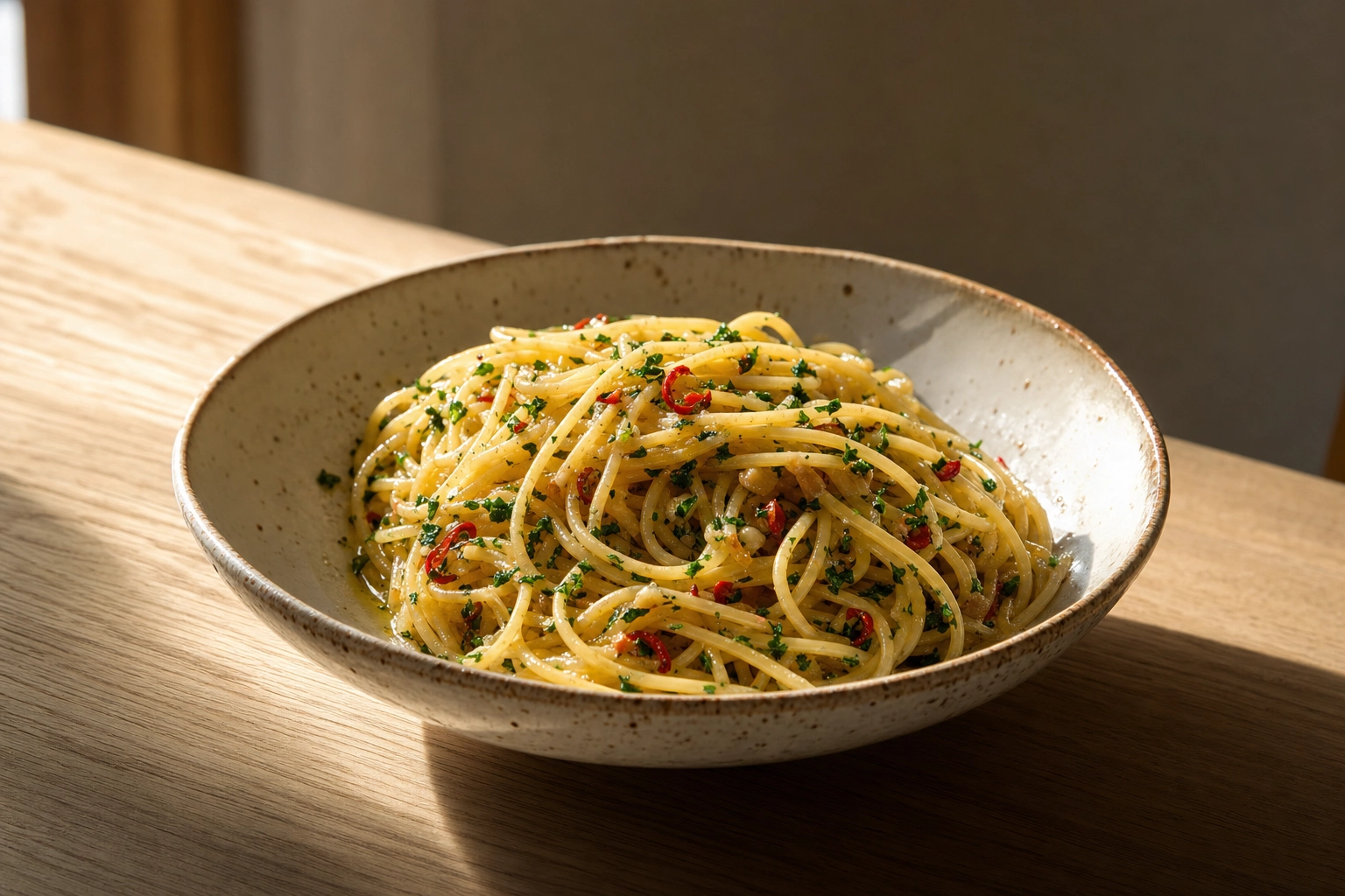 Bowl of spaghetti aglio e olio lit by dramatic 45-degree window side light showing strong shape and shadow