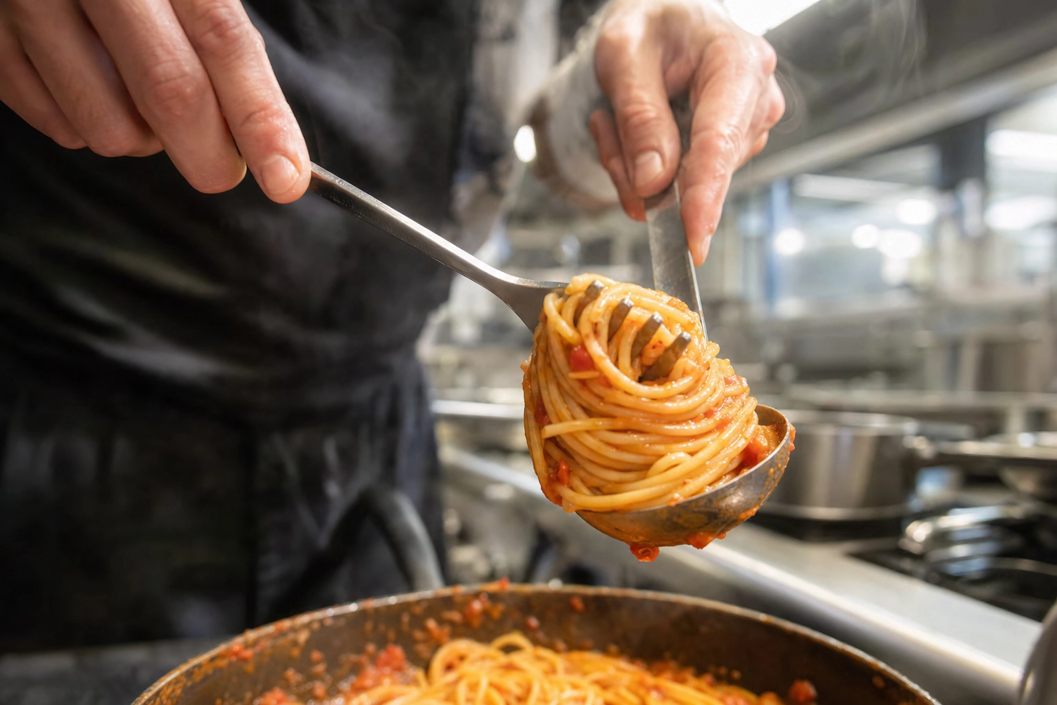 Hands coiling spaghetti into a tight nest using a carving fork and ladle, the restaurant pasta twirl technique