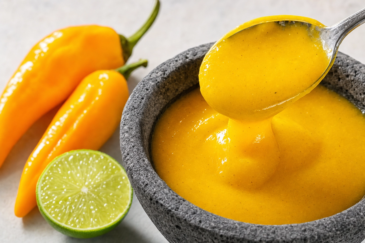 Macro of vivid electric-yellow ají amarillo sauce on a spoon beside fresh ají amarillo peppers and lime
