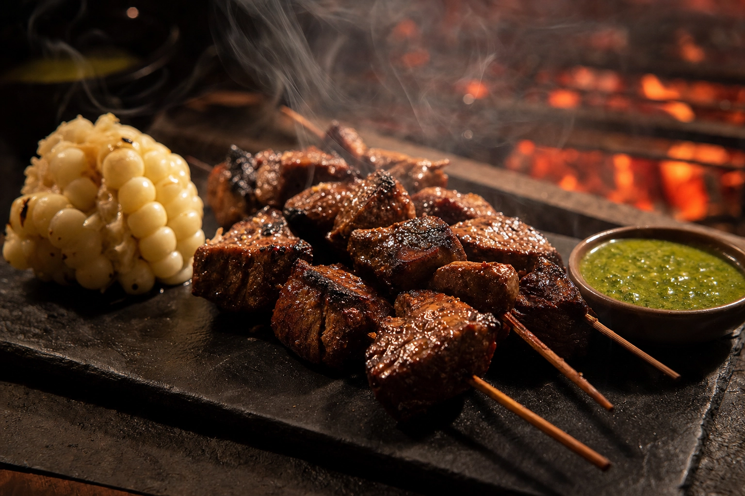 Char-grilled Peruvian anticuchos beef heart skewers on a dark slate board with smoke and glowing coals