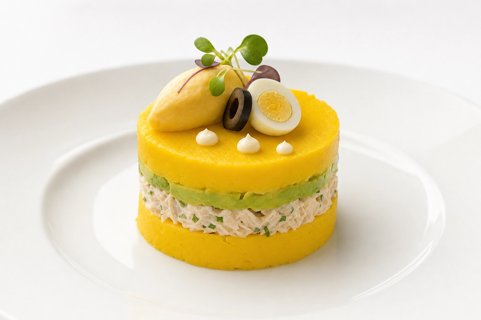 Elegant plated Peruvian causa terrine showing yellow potato, avocado and chicken layers with microgreens