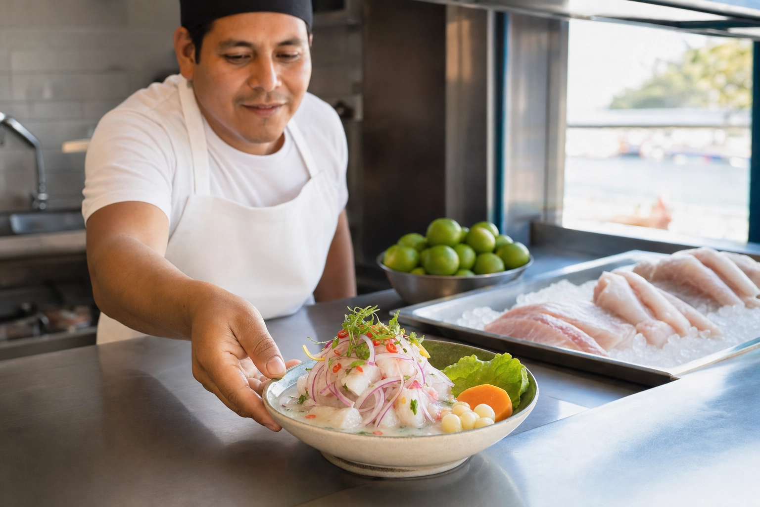 Cook plating fresh ceviche at a stainless pass in a bright modern cevichería kitchen with limes and fish on ice