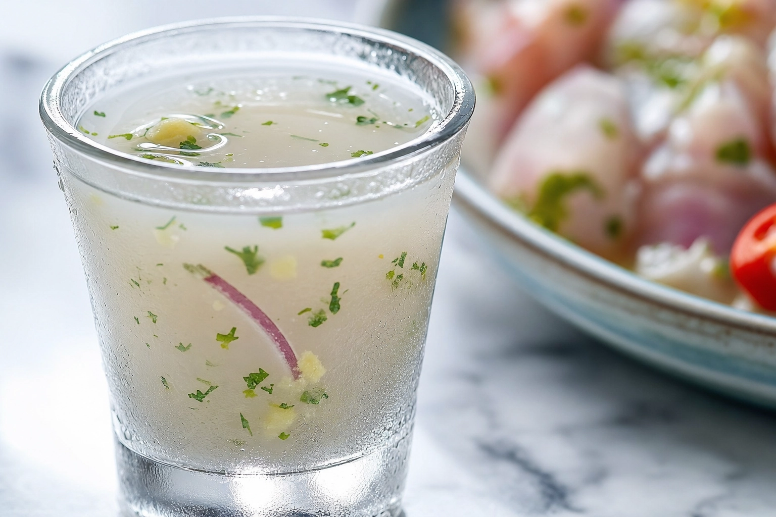 Macro close-up of a shot glass of cloudy leche de tigre tiger's milk with cilantro and ginger flecks
