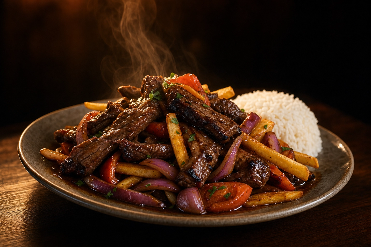 Peruvian lomo saltado with seared beef, fries and glossy sauce, steam rising, shot at a 45-degree angle