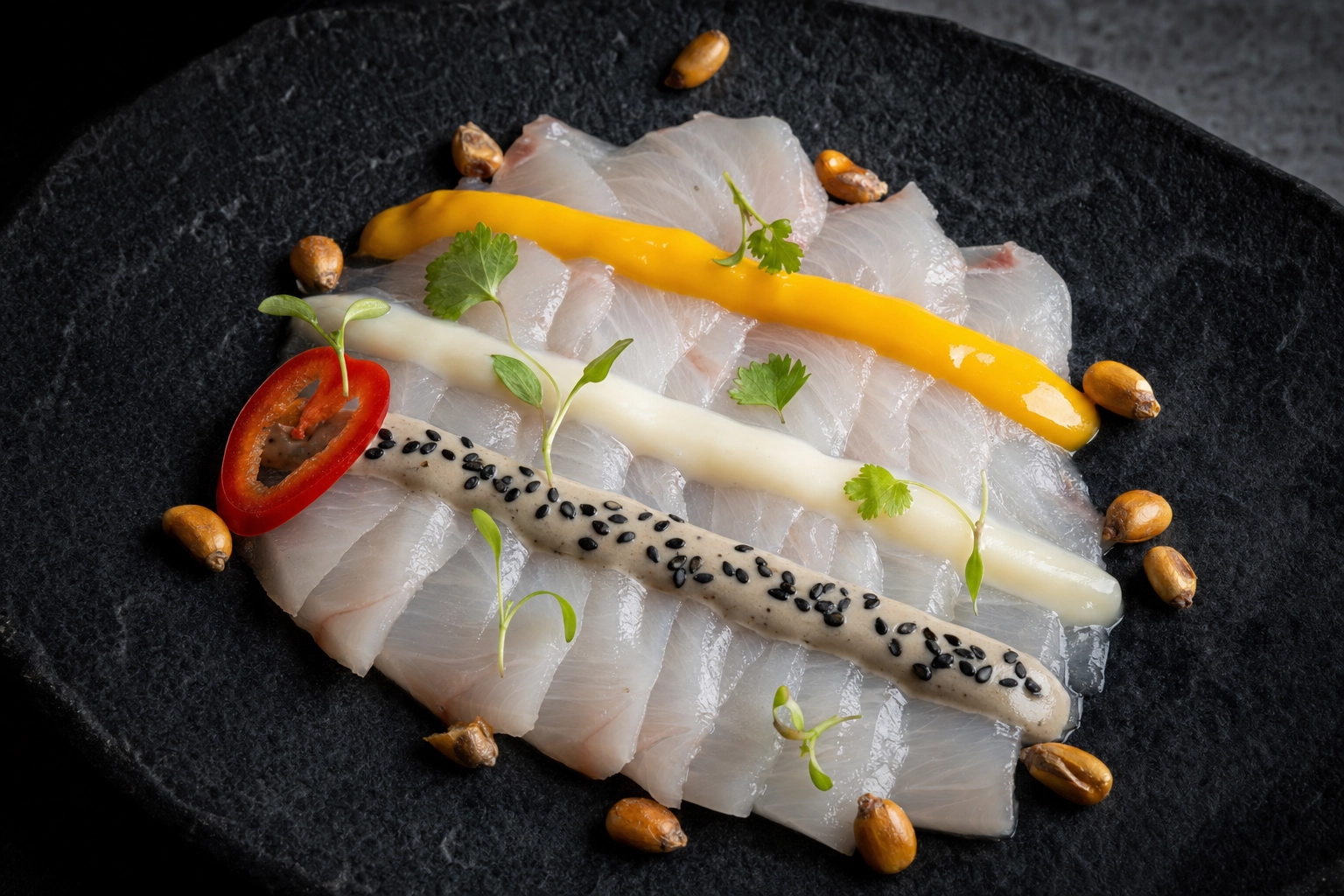 Overhead Nikkei tiradito: thin fish slices with ají amarillo and leche de tigre sauce lines on dark slate