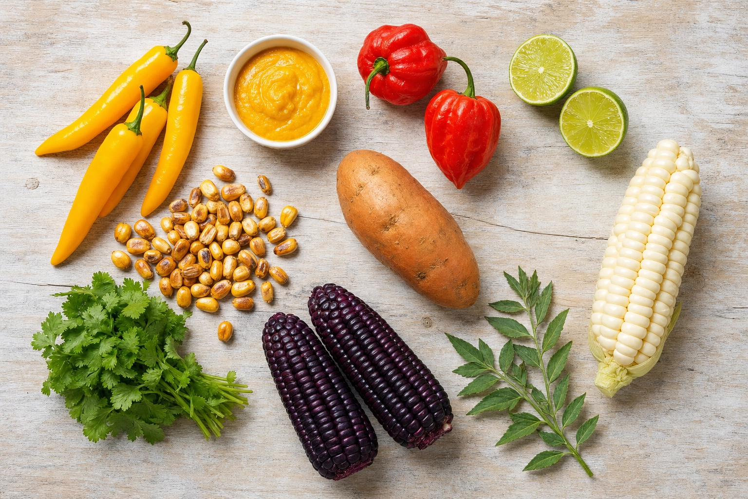 Overhead flat-lay of Peruvian ingredients: ají amarillo, rocoto, limes, choclo, purple corn, camote and cancha