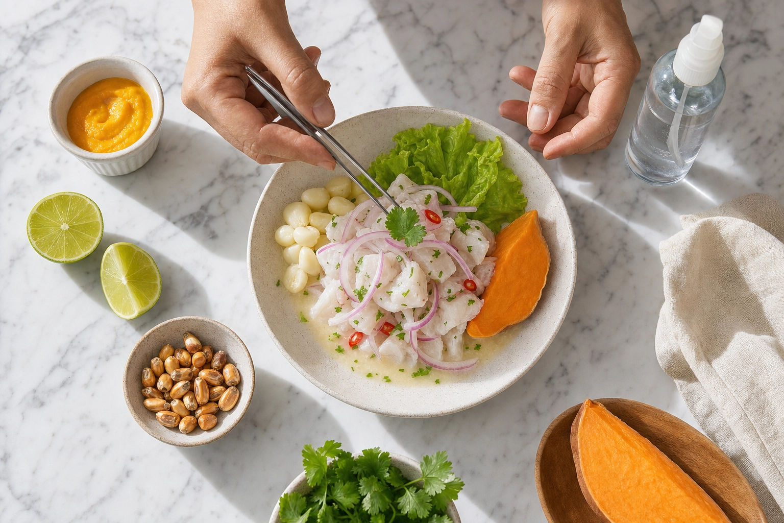 Hands styling a bowl of Peruvian ceviche with tweezers on marble surrounded by ají, lime and cancha props