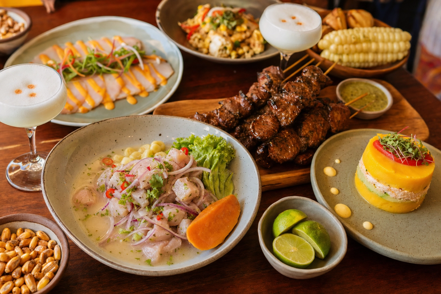 Shared Peruvian table spread with ceviche, tiradito, causa, anticuchos and pisco sours in warm afternoon light