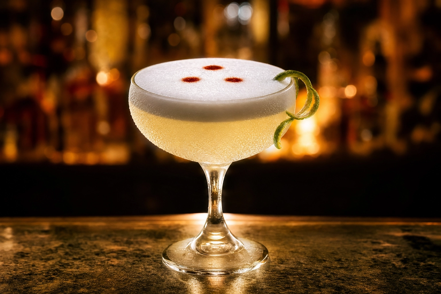 Pisco sour cocktail with frothy foam cap and three Angostura bitters drops, backlit against a moody bar