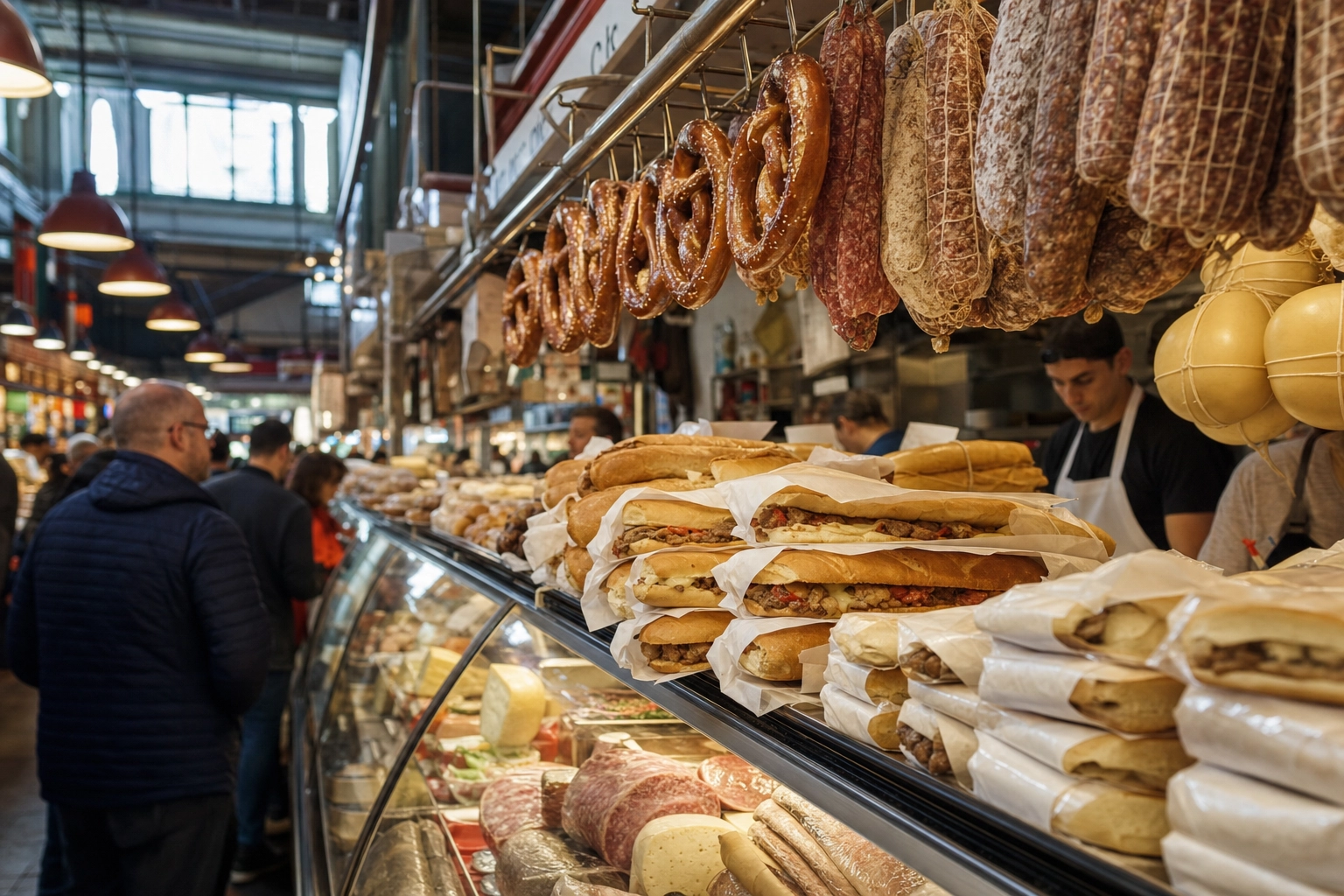 Bustling Philadelphia market deli counter stacked with hoagies, soft pretzels and hanging cured meats under warm daylight