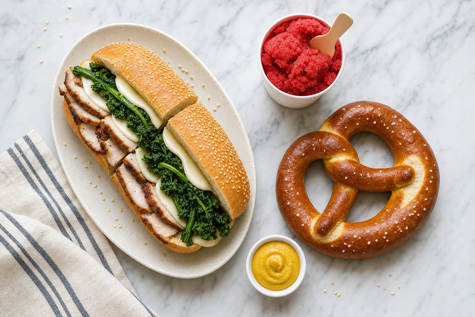 Overhead flat-lay of menu-ready Philadelphia specialties — a roast pork sandwich, a soft pretzel and a cup of water ice — styled bright and clean on white marble