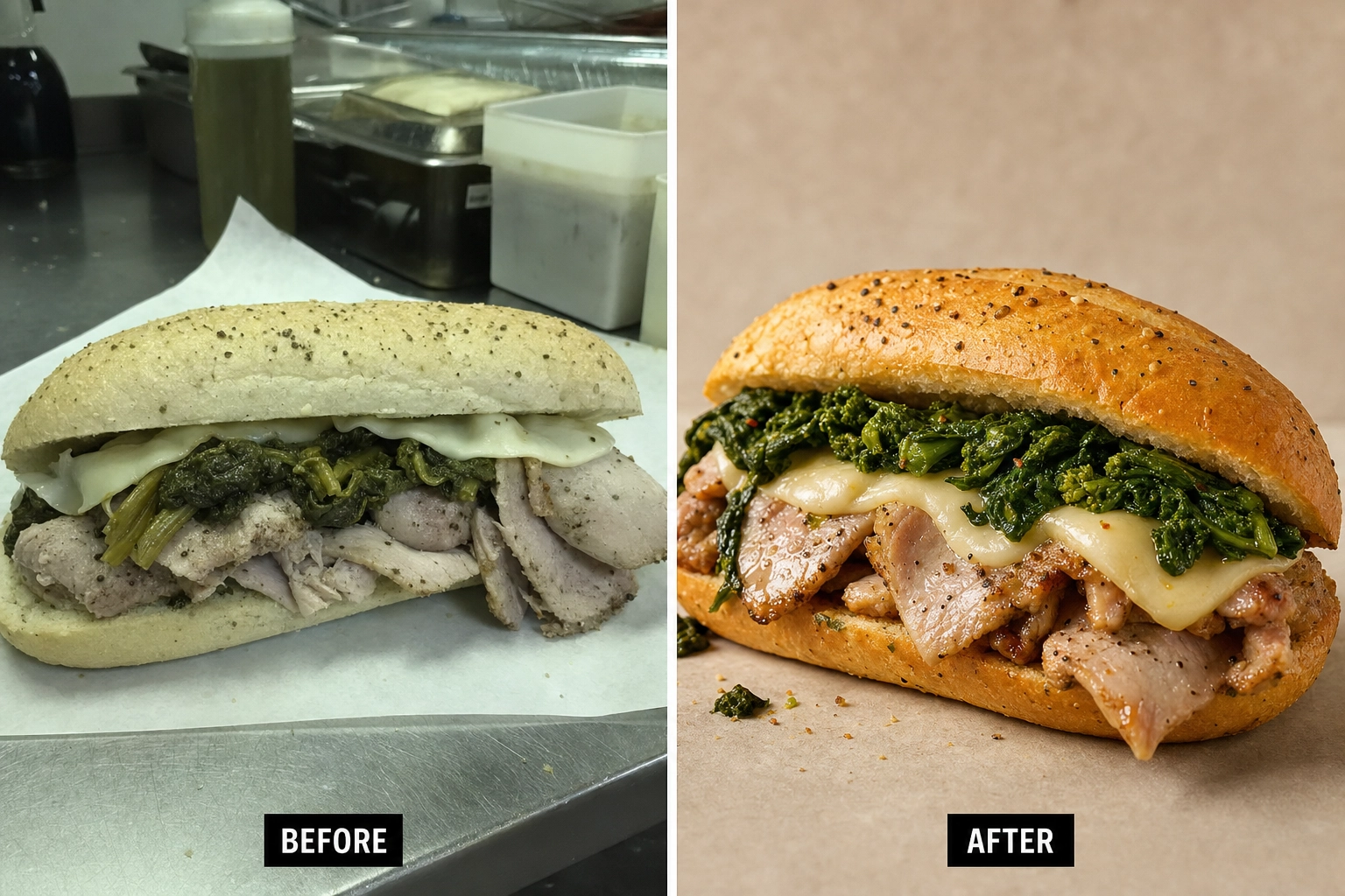Before and after of the same Philadelphia roast pork sandwich, a dull fluorescent phone photo on the left and a bright, studio-quality enhanced version on the right