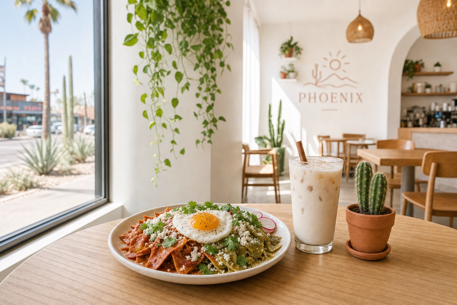 Bright modern Phoenix café table with Southwestern chilaquiles brunch and iced horchata in natural window light